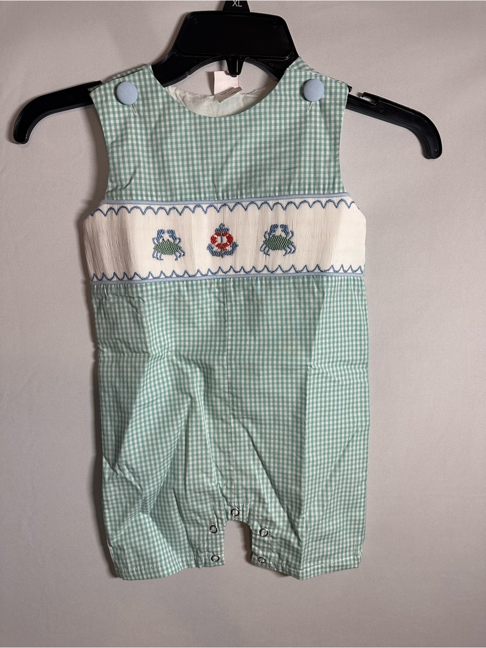 Green Gingham Smocked Baby Romper with Frog Embroidery